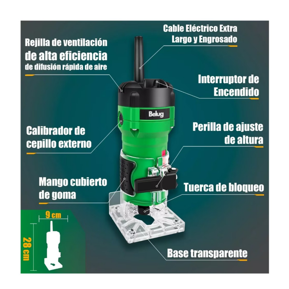 Foto 3 pulgar | Router 800w +5 Brocas Carburo 1/4'' Ar800 Verde/negro, Belug