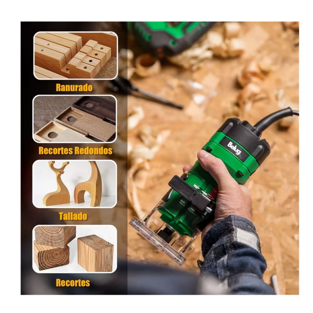 Foto 4 pulgar | Router 800w +5 Brocas Carburo 1/4'' Ar800 Verde/negro, Belug