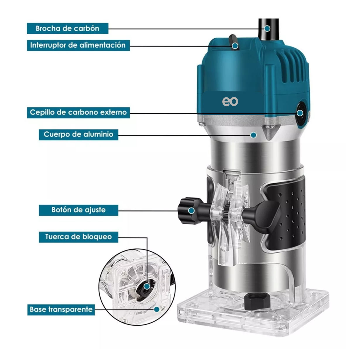 Foto 4 pulgar | Router Madera Recortadora Rebajadora 800w +15 Brocas Carburo Esi-7146-1 Azul