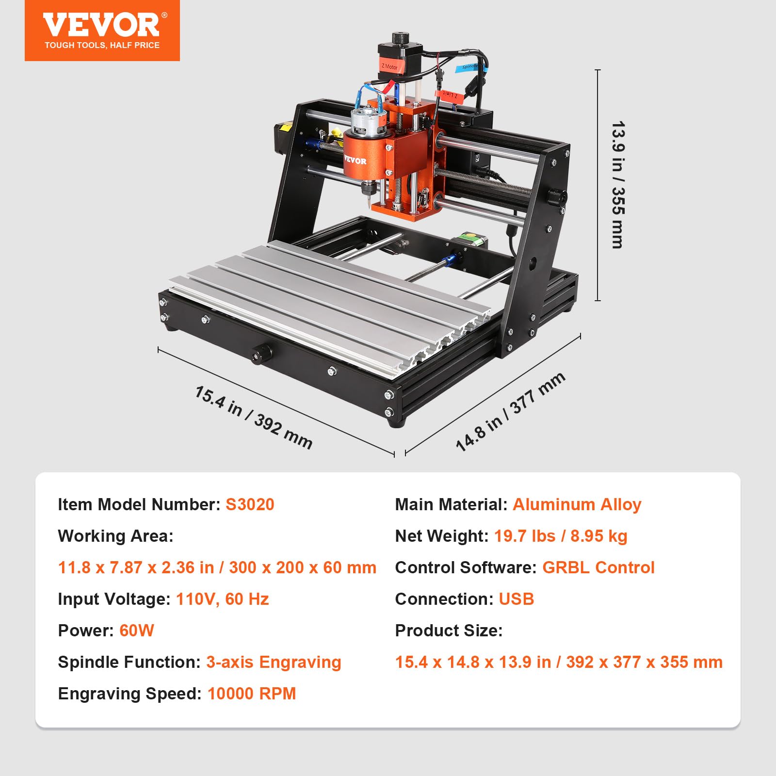 Foto 8 pulgar | Máquina Enrutadora Cnc Vevor De 3 Ejes Grbl Control 120w 300x200x60 Mm - Venta Internacional.