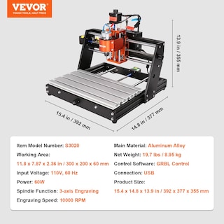 Foto 7 | Máquina Enrutadora Cnc Vevor De 3 Ejes Grbl Control 120w 300x200x60 Mm - Venta Internacional.