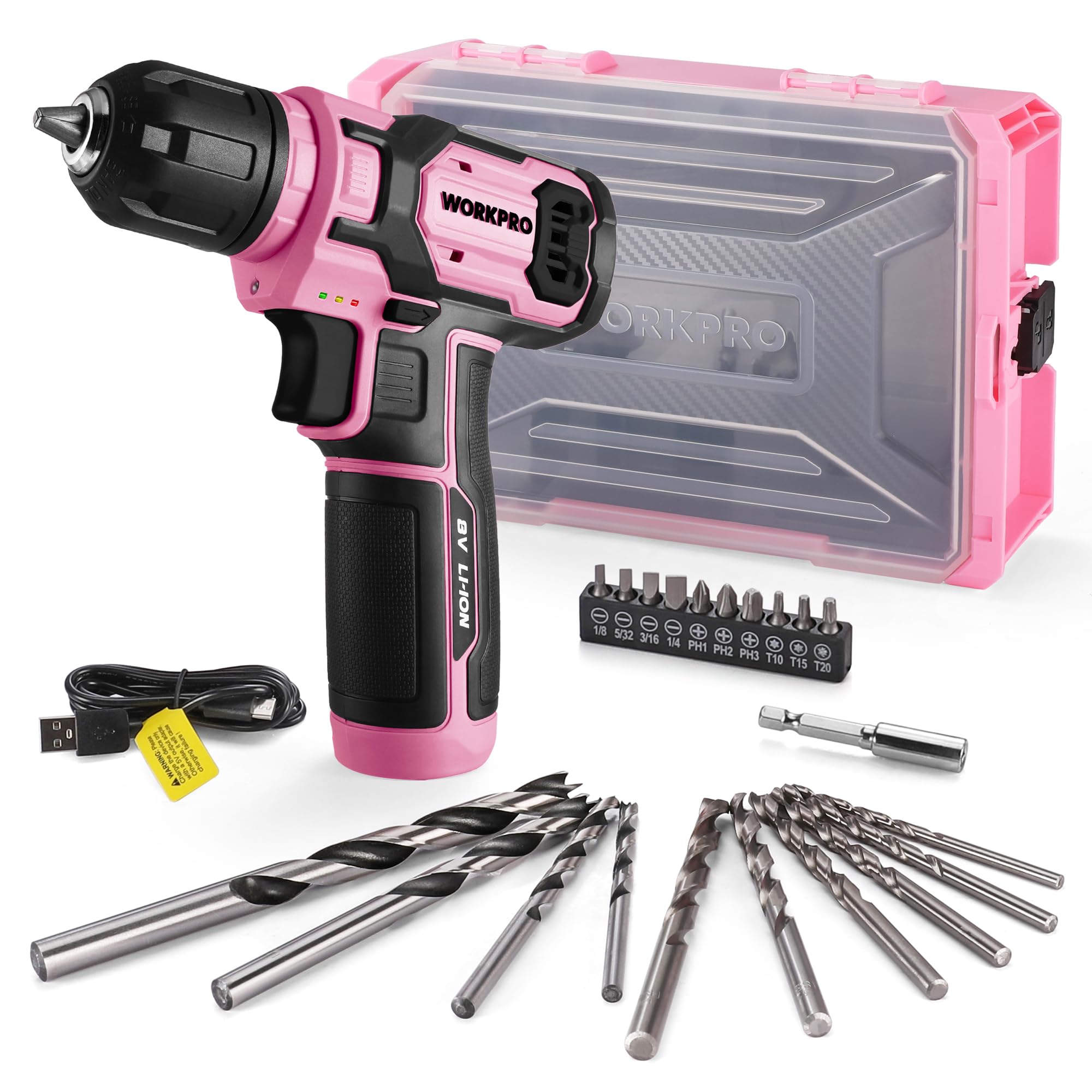 Set De Taladros Eléctricos Workpro Pink, 8 V, Inalámbrico, Con Caja De Herramientas Apilable - Venta Internacional.