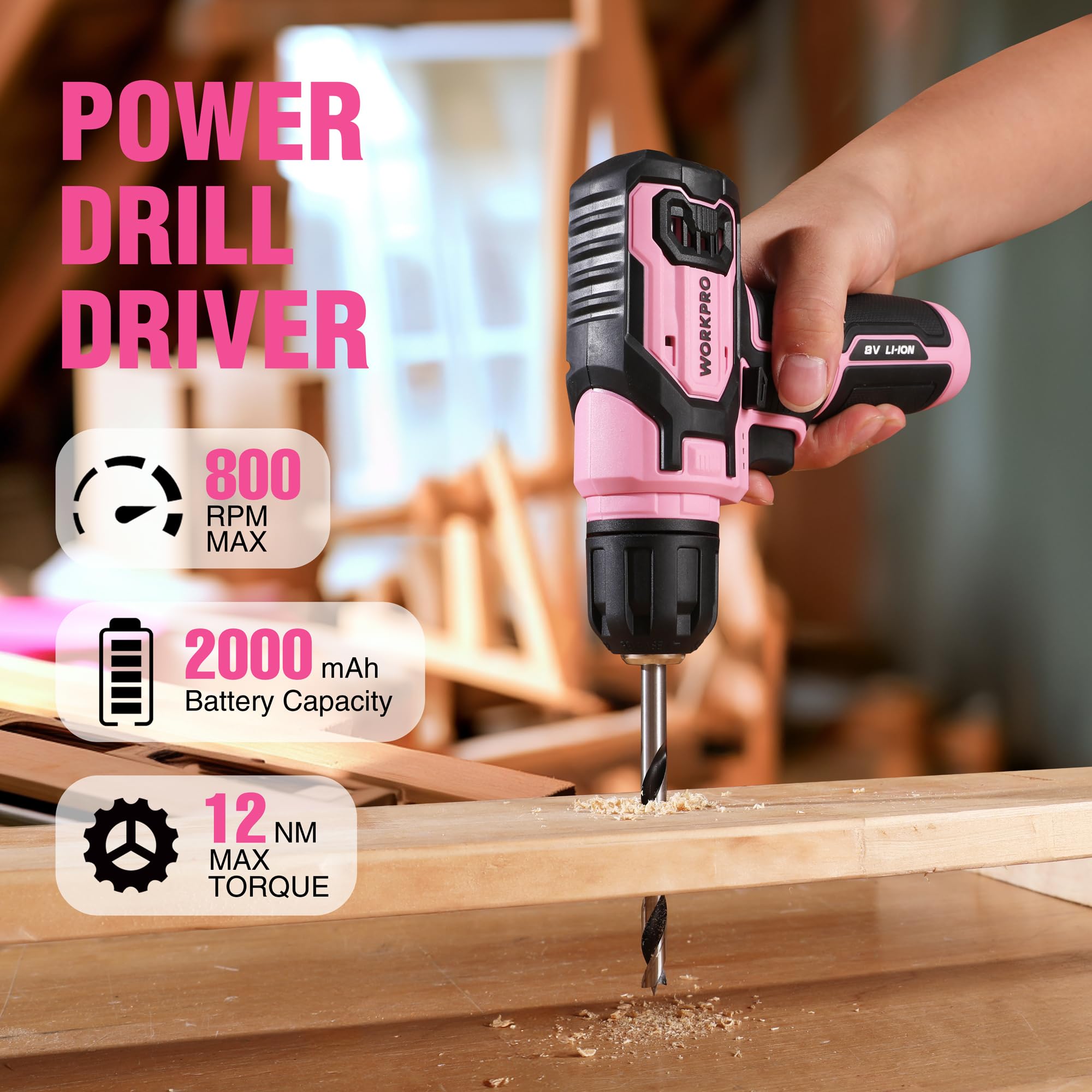 Foto 3 pulgar | Set De Taladros Eléctricos Workpro Pink, 8 V, Inalámbrico, Con Caja De Herramientas Apilable - Venta Internacional.
