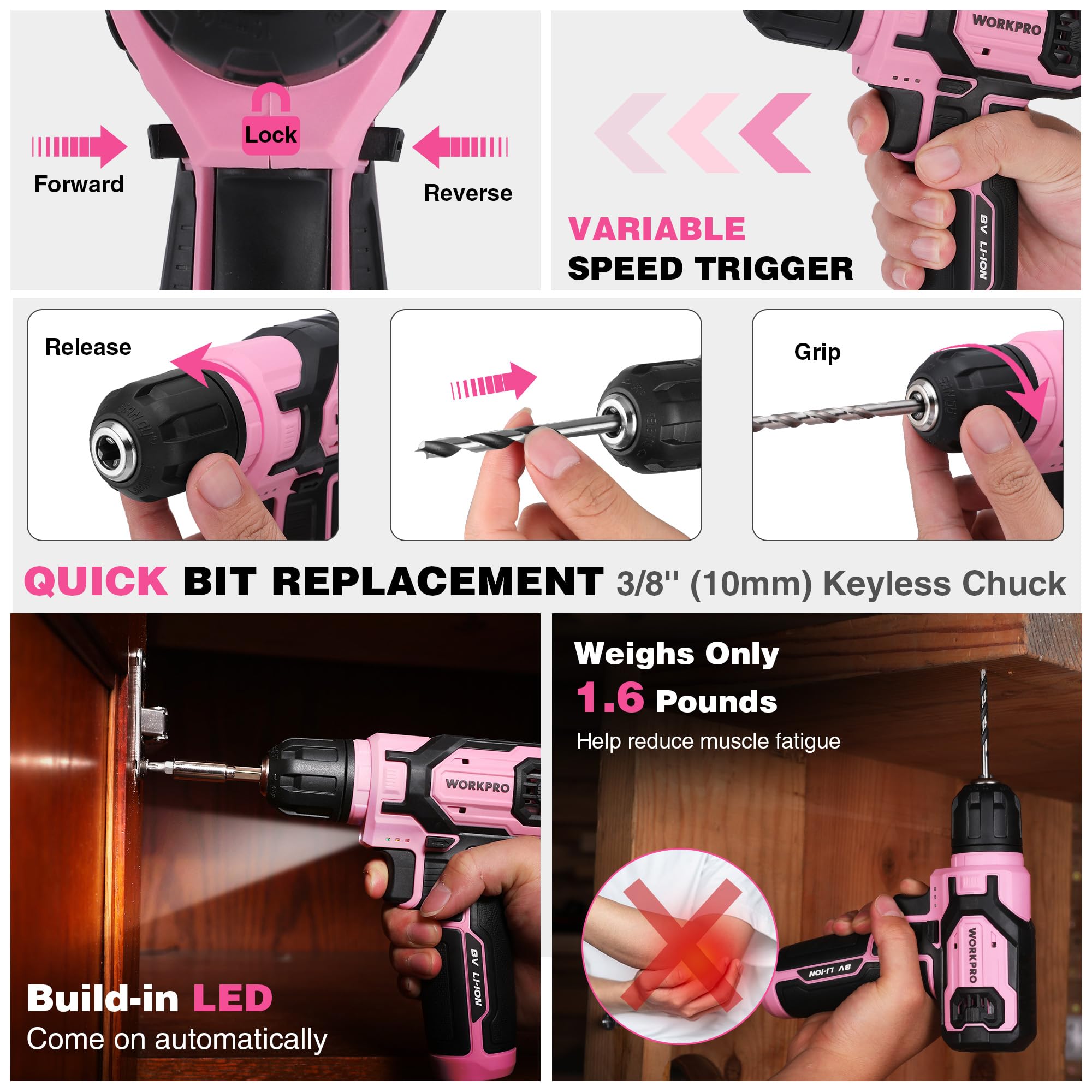 Foto 3 | Set De Taladros Eléctricos Workpro Pink, 8 V, Inalámbrico, Con Caja De Herramientas Apilable - Venta Internacional.
