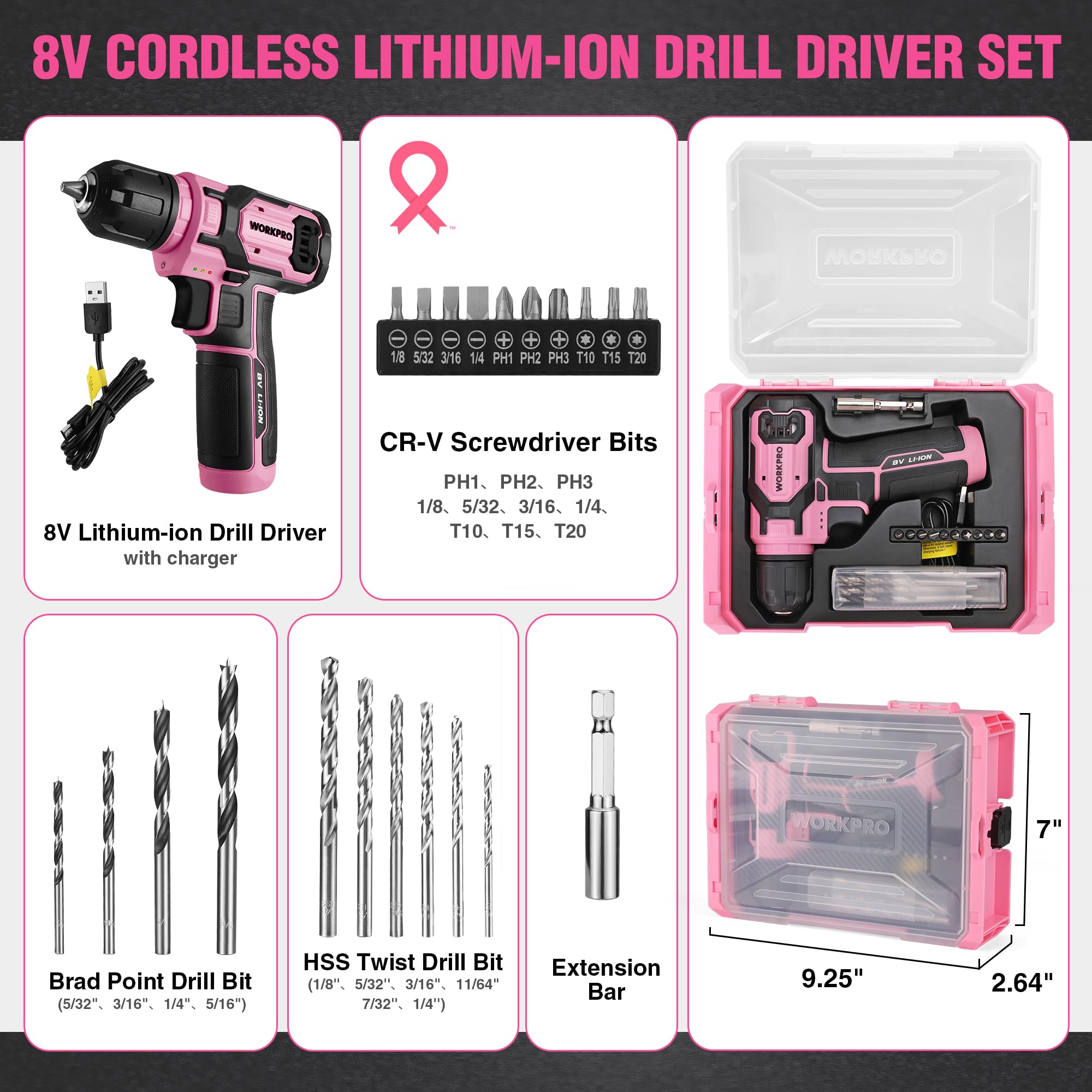Foto 5 pulgar | Set De Taladros Eléctricos Workpro Pink, 8 V, Inalámbrico, Con Caja De Herramientas Apilable - Venta Internacional.