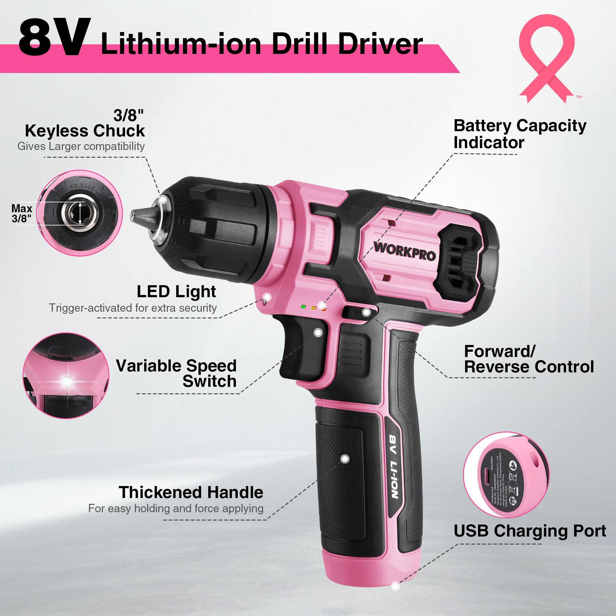 Foto 6 pulgar | Set De Taladros Eléctricos Workpro Pink, 8 V, Inalámbrico, Con Caja De Herramientas Apilable - Venta Internacional.