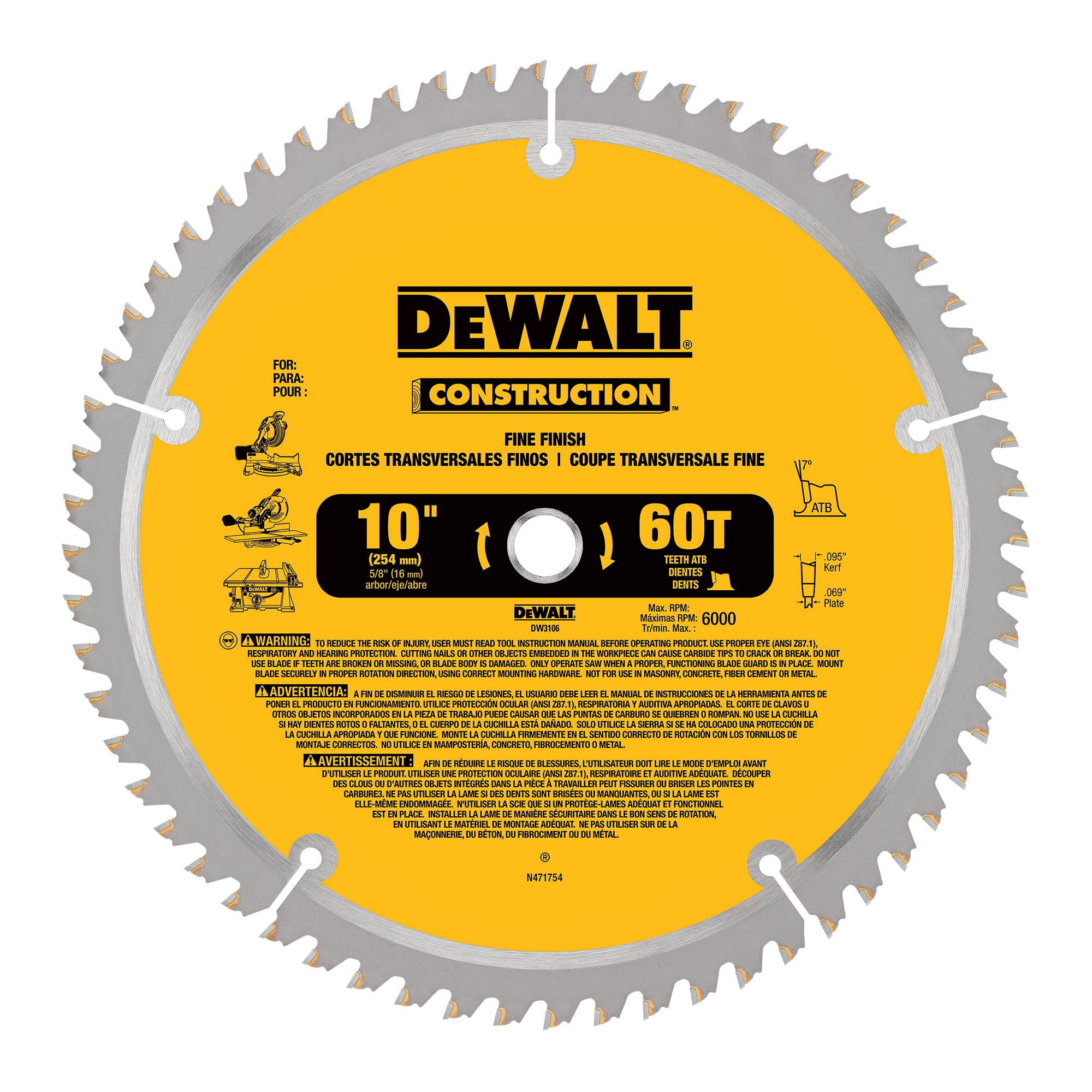 Foto 2 pulgar | Hoja De Sierra Dewalt Dw3106 De 10 Pulgadas Y 60 Dientes Para Ingletar/mesa - Venta Internacional.