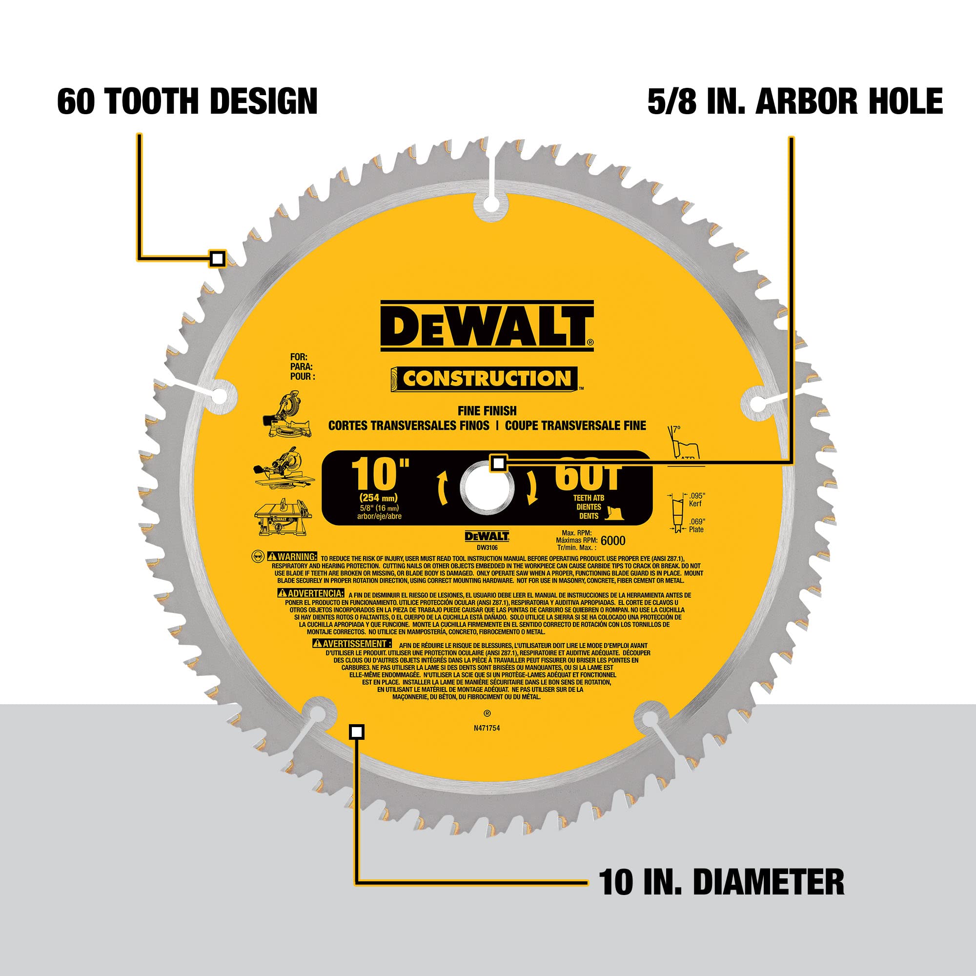 Foto 3 pulgar | Hoja De Sierra Dewalt Dw3106 De 10 Pulgadas Y 60 Dientes Para Ingletar/mesa - Venta Internacional.