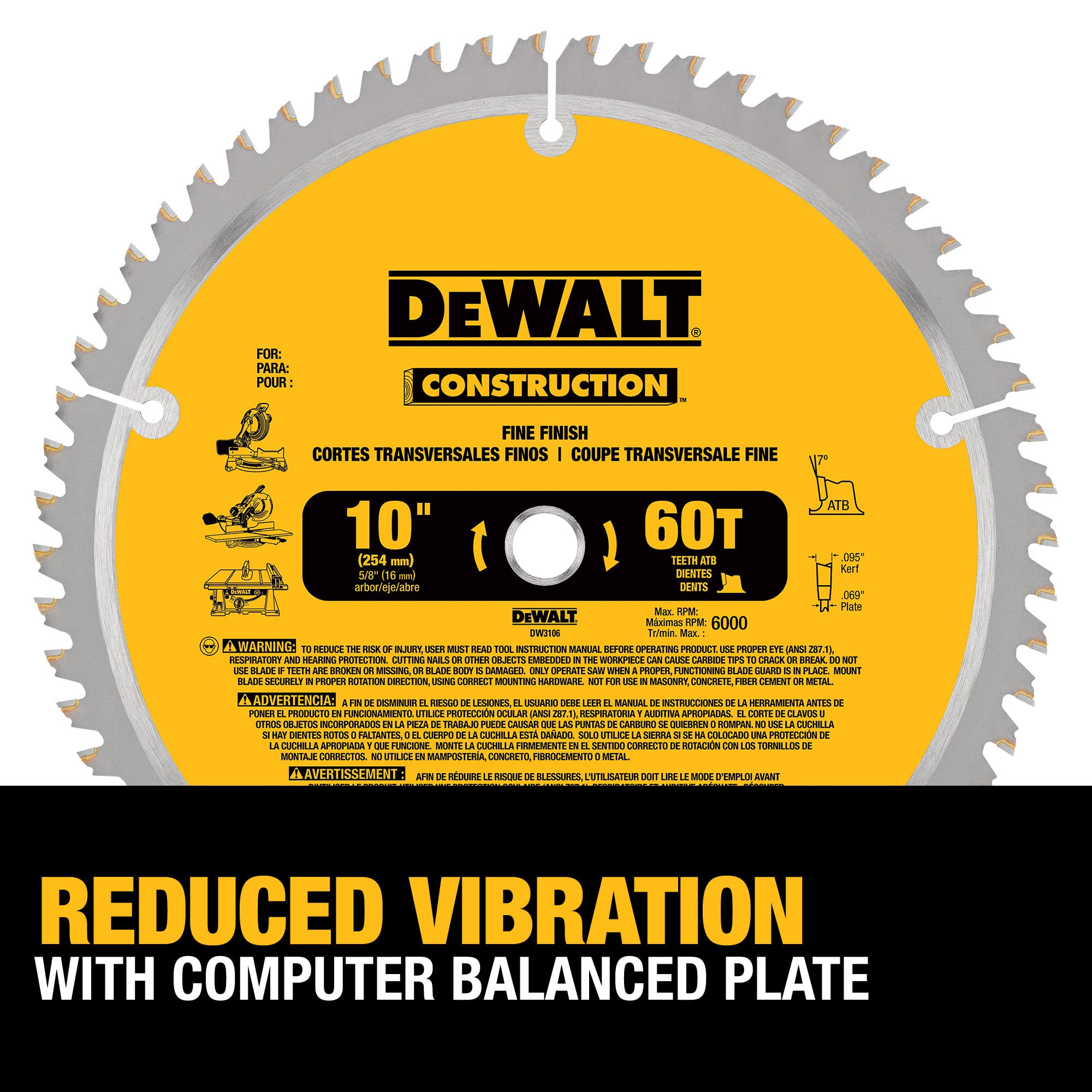 Foto 4 pulgar | Hoja De Sierra Dewalt Dw3106 De 10 Pulgadas Y 60 Dientes Para Ingletar/mesa - Venta Internacional.