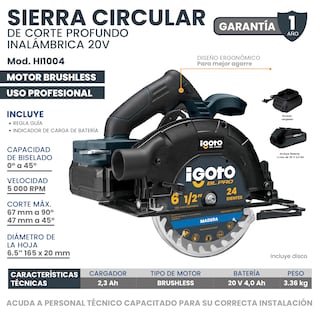 Foto 7 | Sierra Circular Brushless 20 V Inalambrica