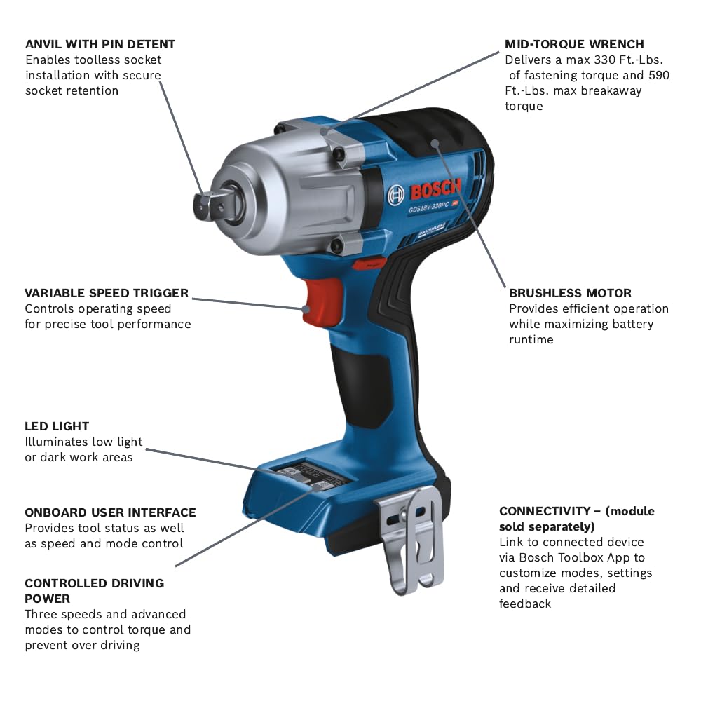 Foto 2 | Llave De Impacto Bosch Gds18v-330pcn, 18 V, Sin Escobillas, 1/2 Pulgada - Venta Internacional.