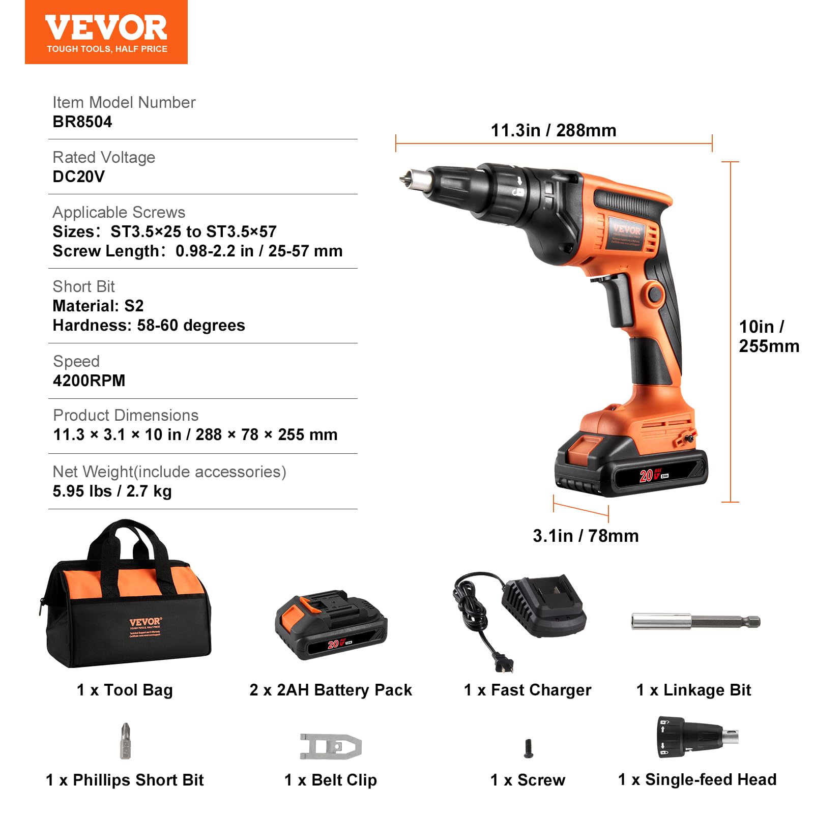 Foto 8 pulgar | Pistola De Tornillo Para Paneles De Yeso Vevor, 20 V, Máximo 4200 Rpm, Inalámbrica Con 2 Baterías - Venta Internacion