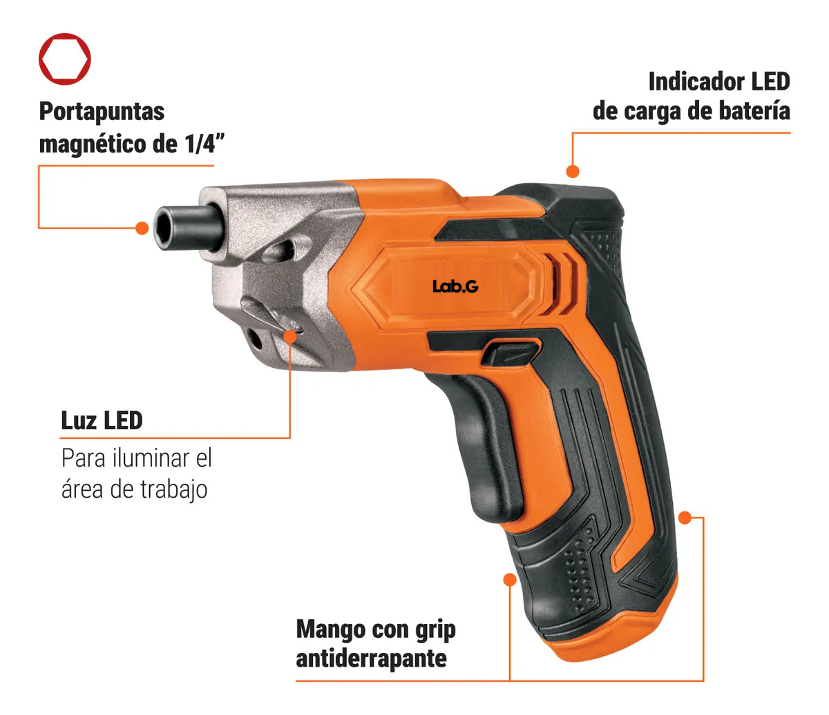 Foto 2 | Destornillador Inalámbrico Lab.g 3.6 V Naranja Negro