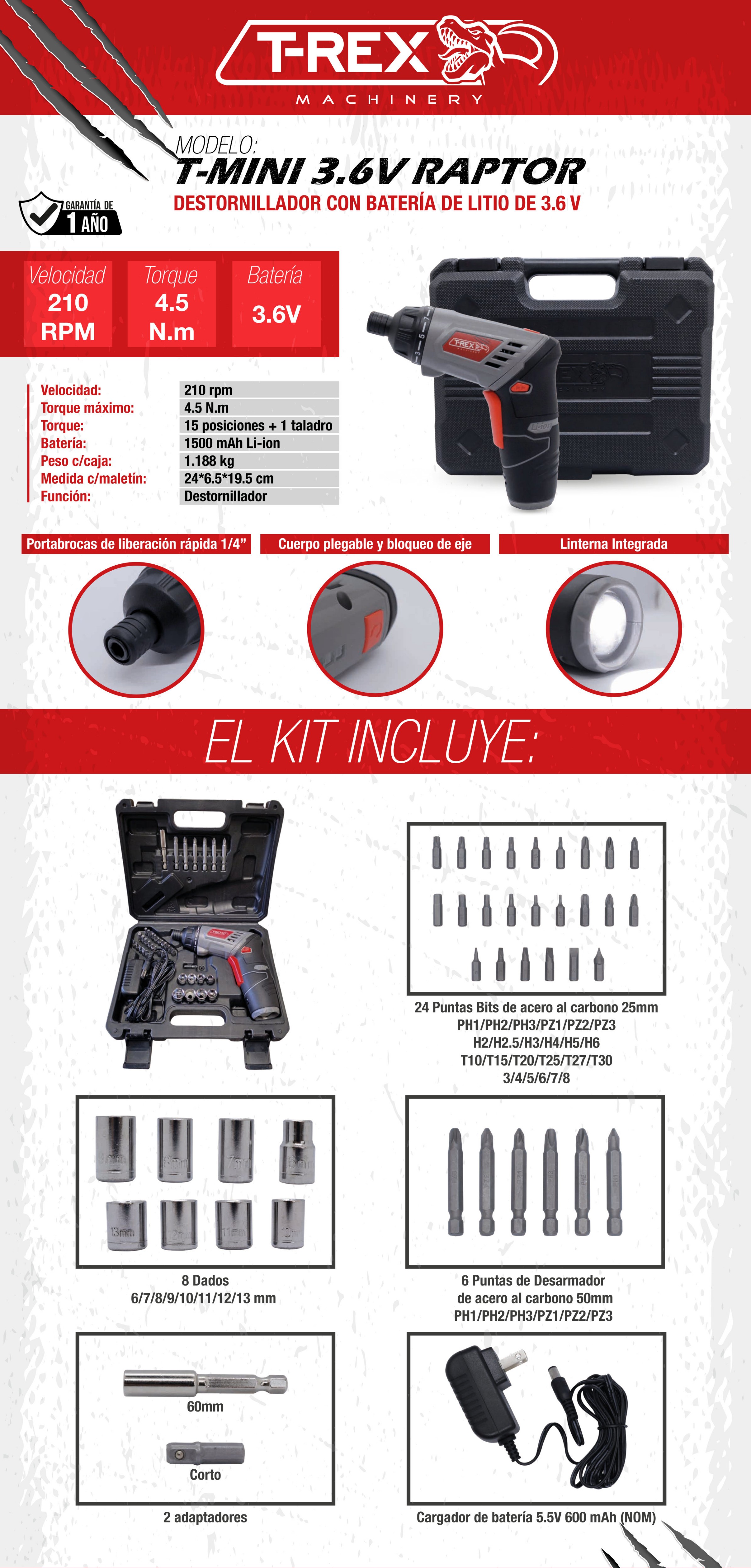 Foto 4 pulgar | Destornillador Eléctrico en Maletín T-Rex con Puntas Multiusos 3.6v 40 Piezas