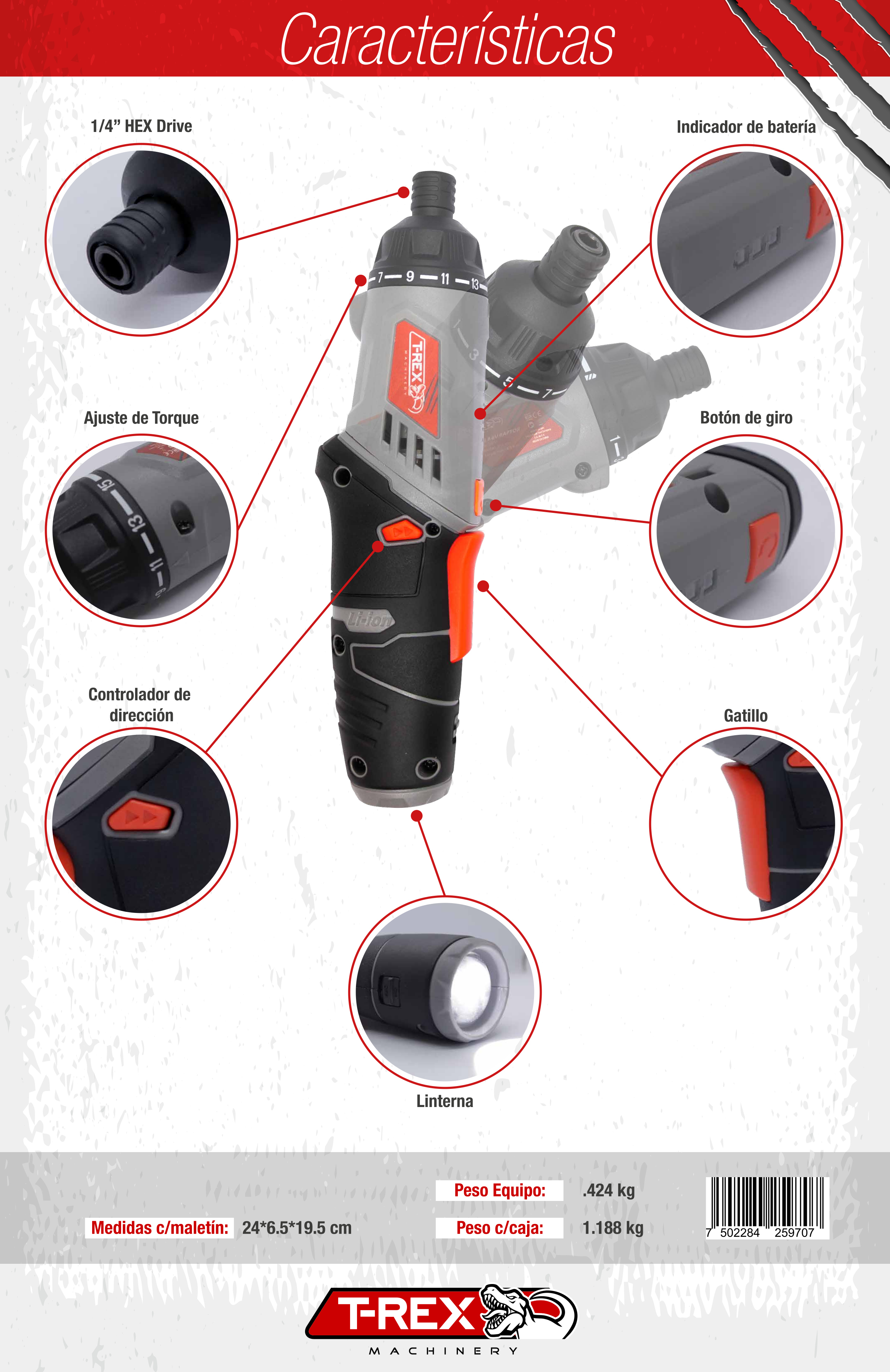 Foto 5 pulgar | Destornillador Eléctrico en Maletín T-Rex con Puntas Multiusos 3.6v 40 Piezas