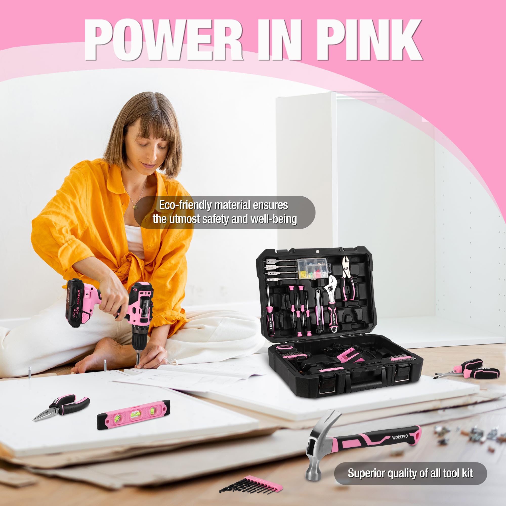Foto 4 pulgar | Juego De Destornilladores Inalámbricos Y Herramientas Para El Hogar Workpro 20v, Color Rosa - Venta Internacional.