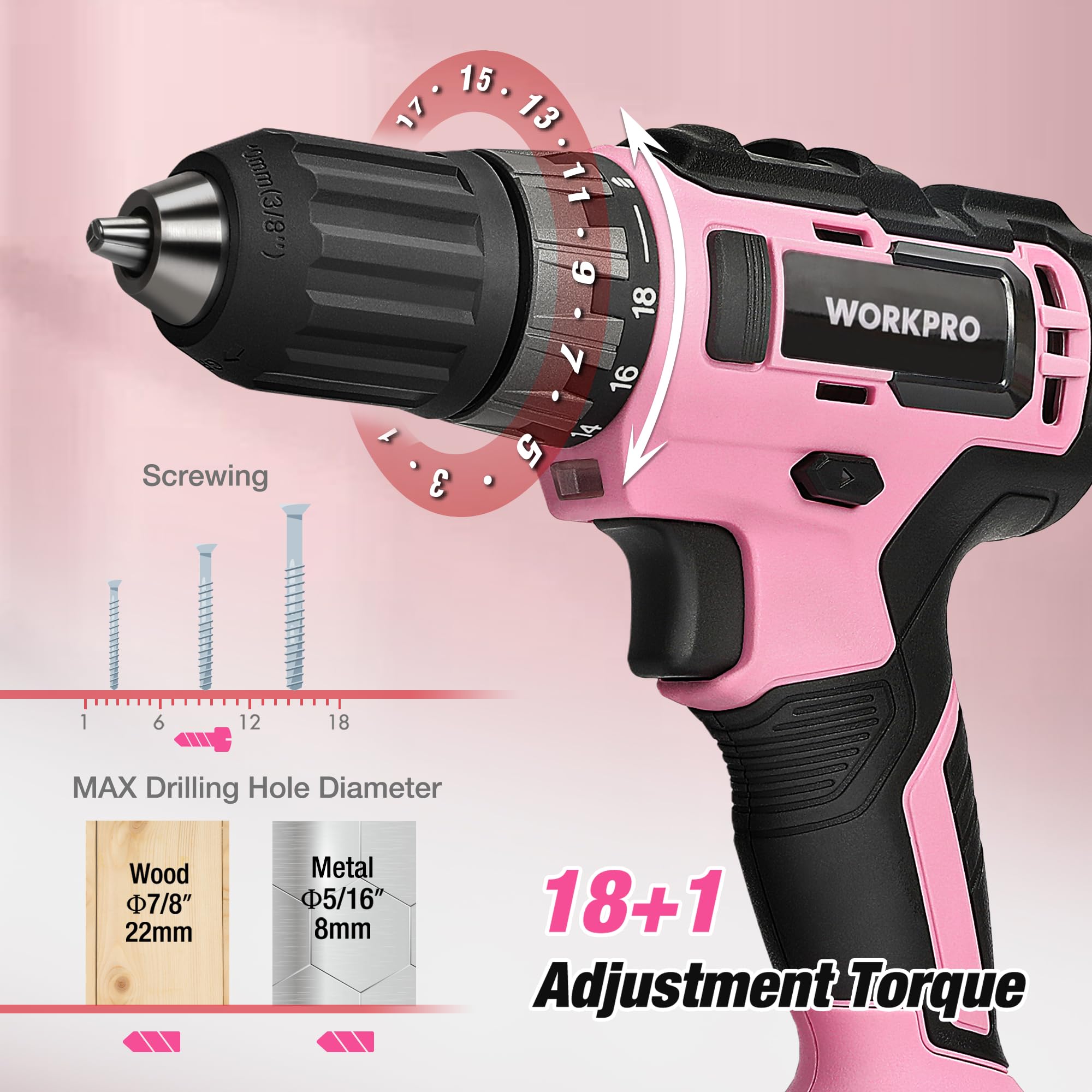 Foto 8 pulgar | Juego De Destornilladores Inalámbricos Y Herramientas Para El Hogar Workpro 20v, Color Rosa - Venta Internacional.