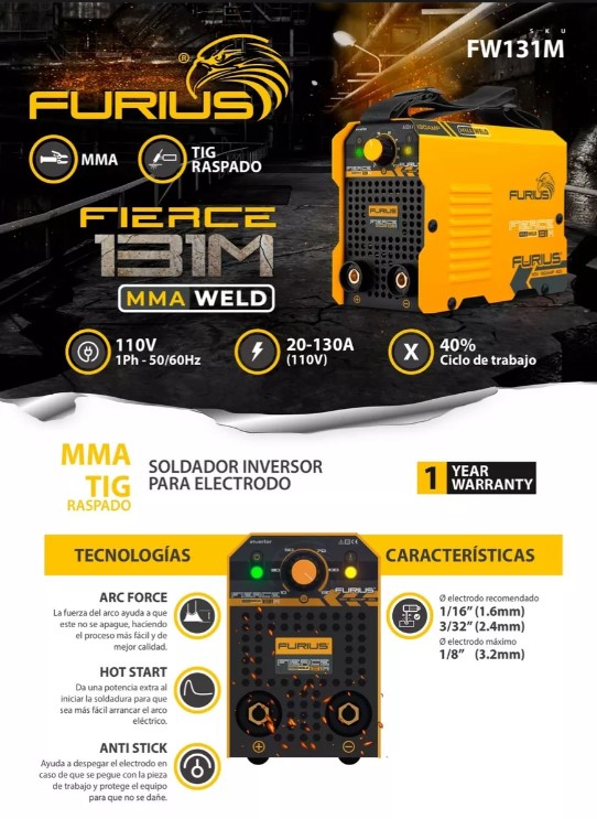 Foto 3 | Soldadora Inversora Mini Furius Fierce 131m Mini 130 Amp 110v Color Amarillo