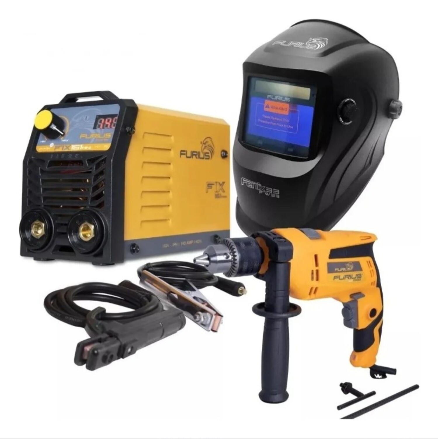 Combo Soldadora Inversor Minifix 161 Furius  Color Amarillo  140a 110v  Frecuencia 60 Con Careta Y  Taladro 550w