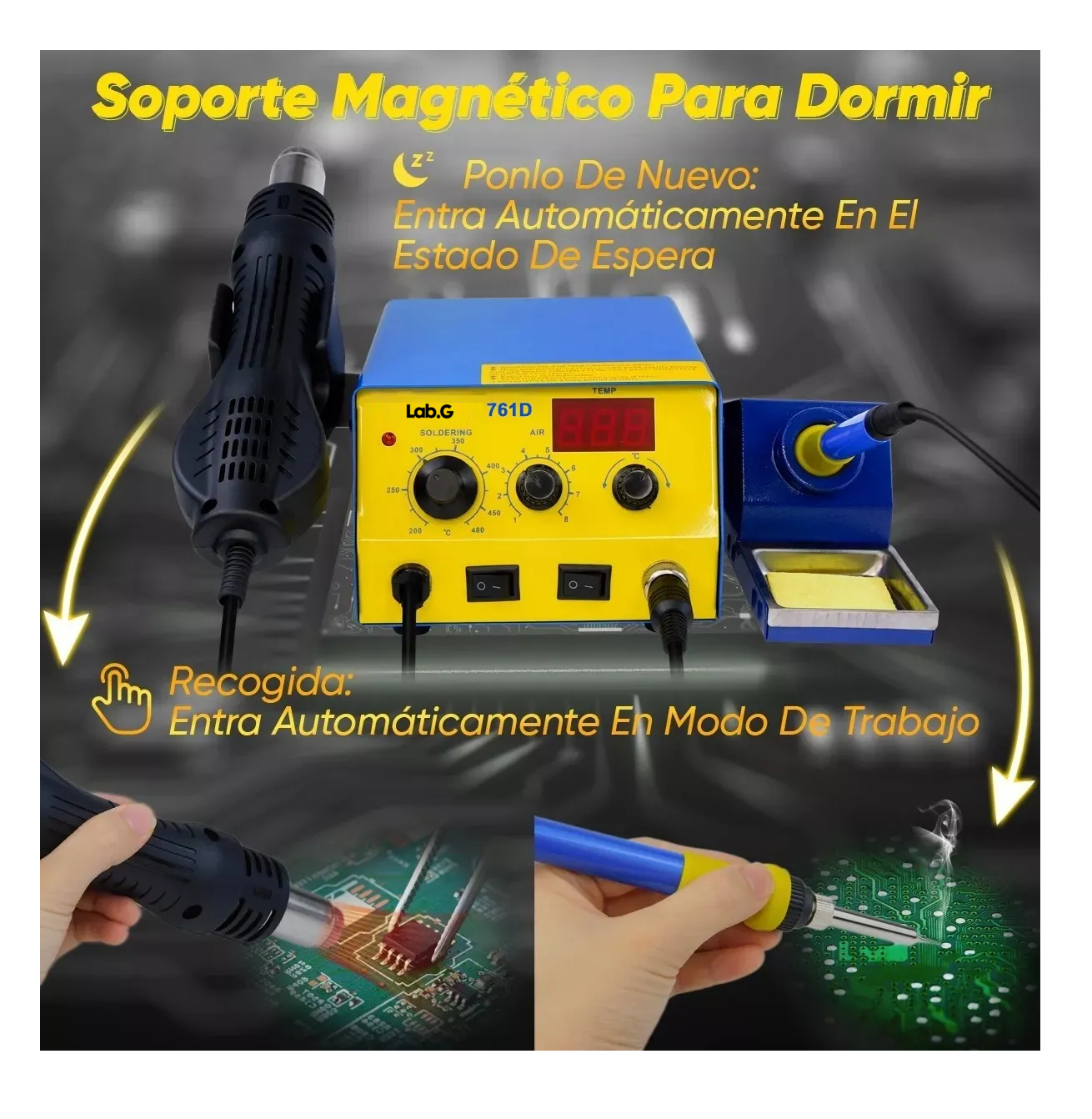 Foto 4 pulgar | Estación De Soldar 750w Pistola De Calor Y Cautín 2 En 1 Azul Amarillo