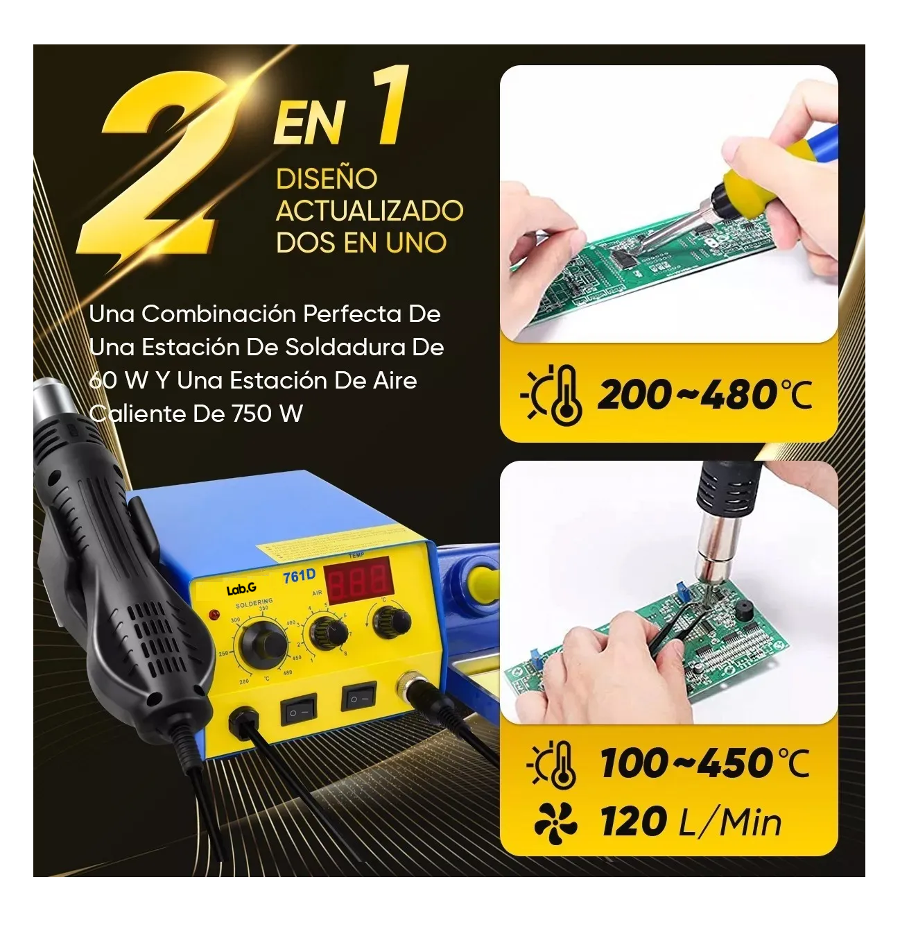 Foto 5 pulgar | Estación De Soldar 750w Pistola De Calor Y Cautín 2 En 1 Azul Amarillo