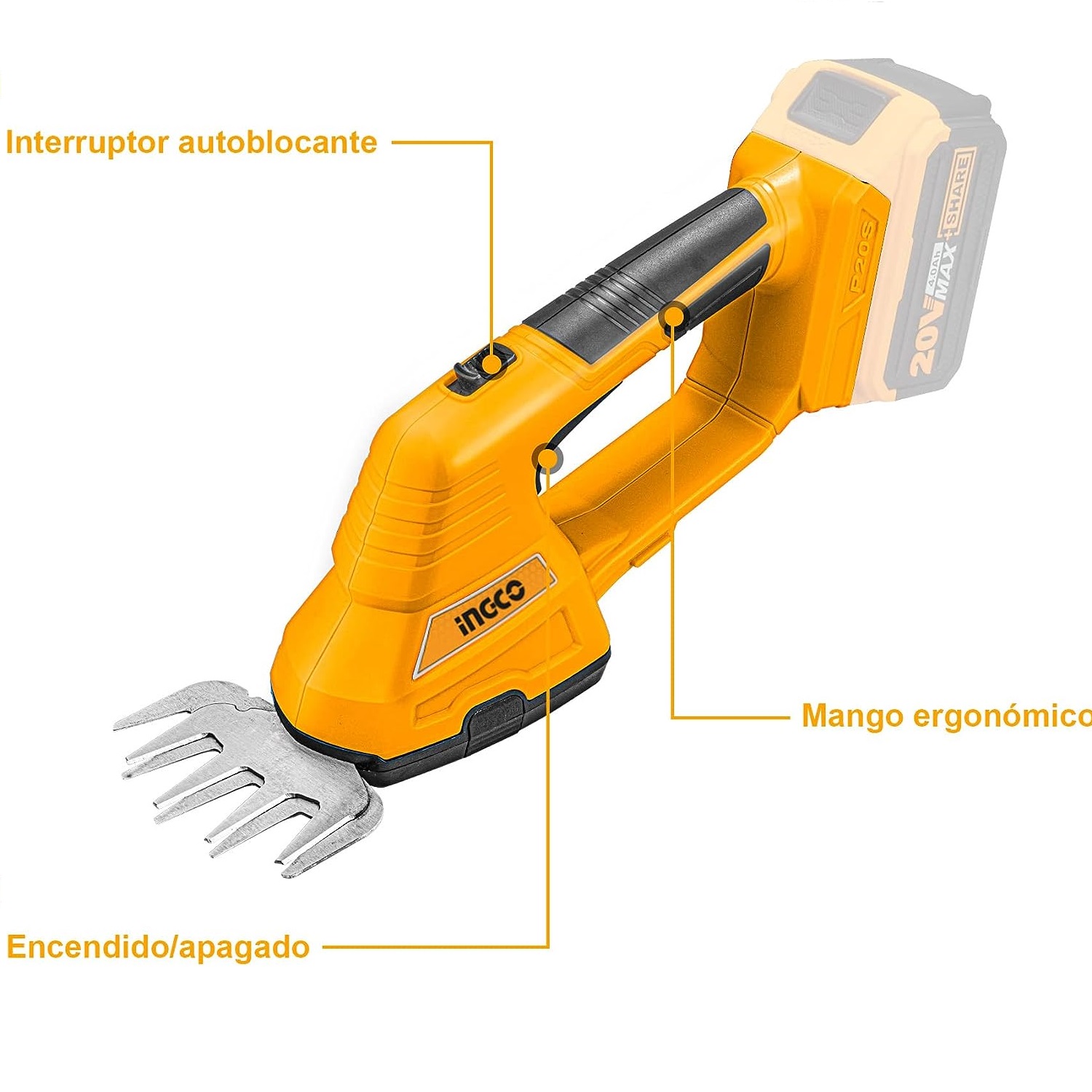 Foto 3 | Cortasetos Inalámbrico 200mm 20 V 1200 Rpm INGCO para El Hogar - color Amarillo