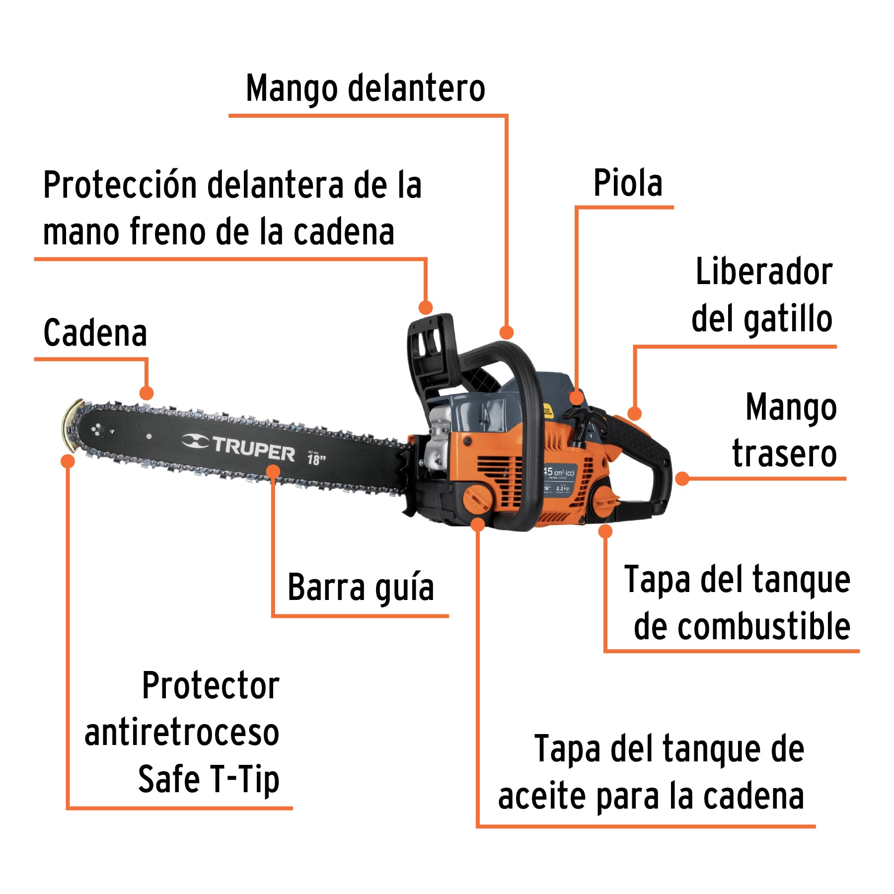 Foto 4 pulgar | Motosierra Truper Mot-4518 color Naranja 45 CC a Gasolina con Barra de 18 "