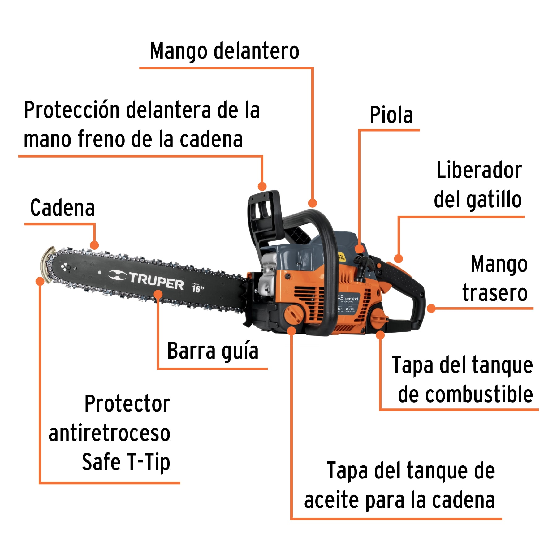 Foto 4 pulgar | Motosierra Truper Mot-4516 color Naranja 45 CC a Gasolina con Barra de 16 "