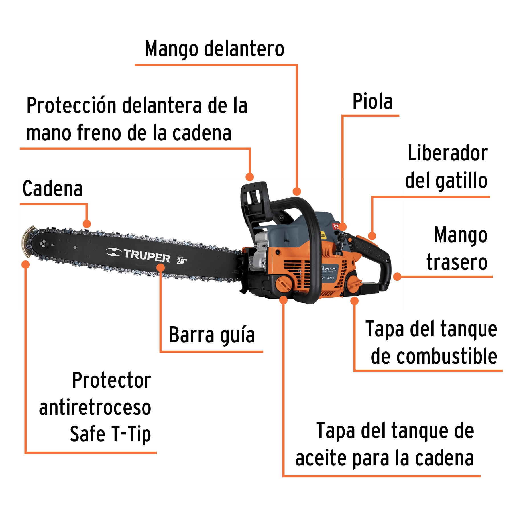 Foto 3 | Motosierra Truper Mot-5120 color Naranja 51 CC a Gasolina con Barra de 20 "