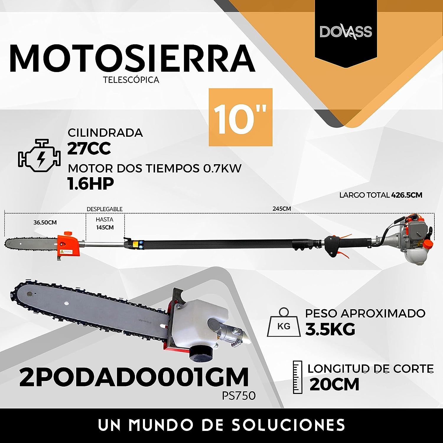 Foto 3 | Motosierra Telescópica Longitud De Corte 10'' 25.4cm Cilindrada 27cc Largo Total De 426.5 Cm Desde El Motor A La Ba