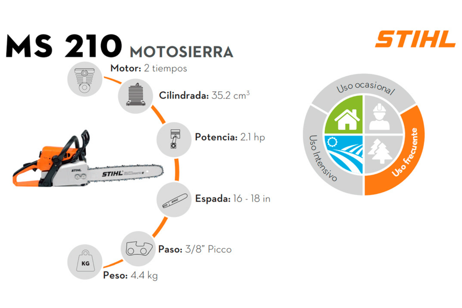 Foto 4 pulgar | Motosierra A Gasolina Stihl Ms210 De 35.2 Cc, Espada 16-18''