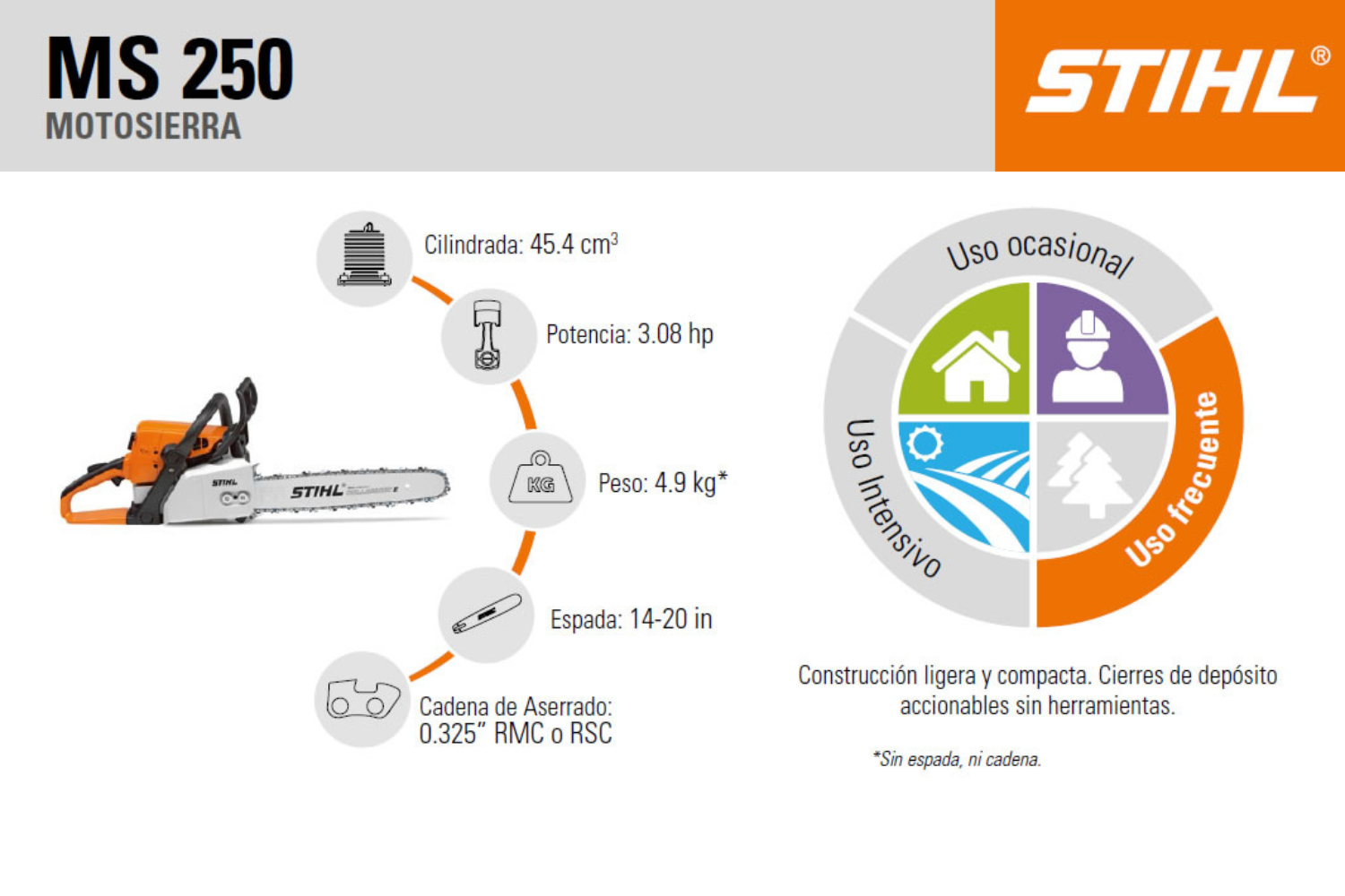 Foto 4 pulgar | Motosierra A Gasolina Stihl Ms250 De 45.4 Cc, Espada 18- 20''