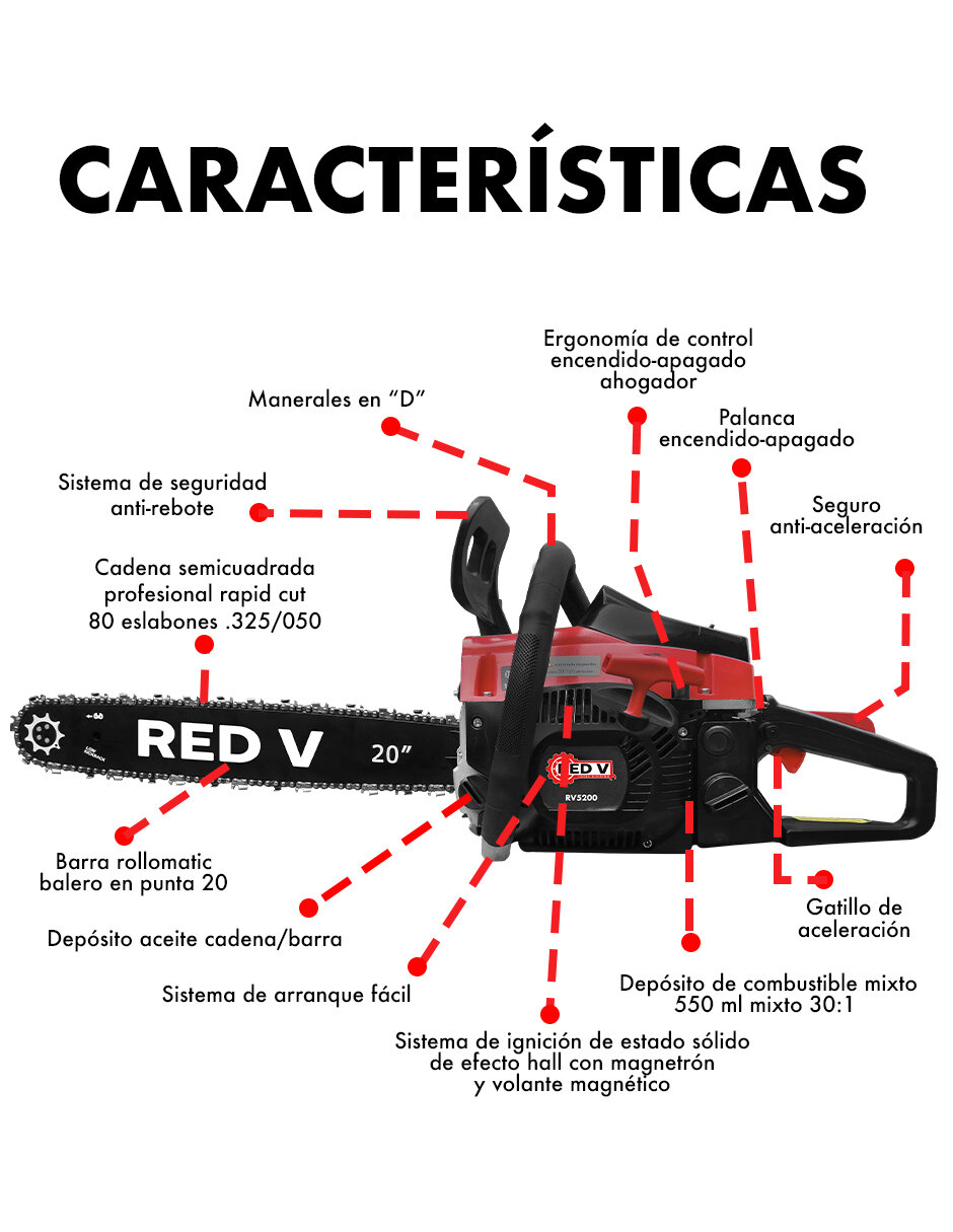 Foto 3 pulgar | Red V Motosierra A Gasolina 52cc 3hp 20 Con Accesorios