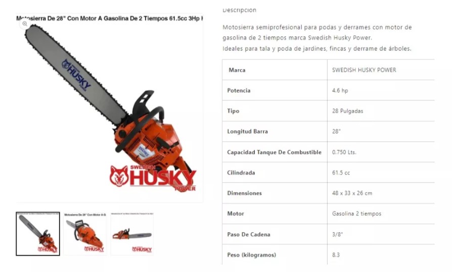 Foto 4 pulgar | Motosierra A Gasolina Swedish Husky Power 61.5cc 4.6hp 28pul Color Naranja