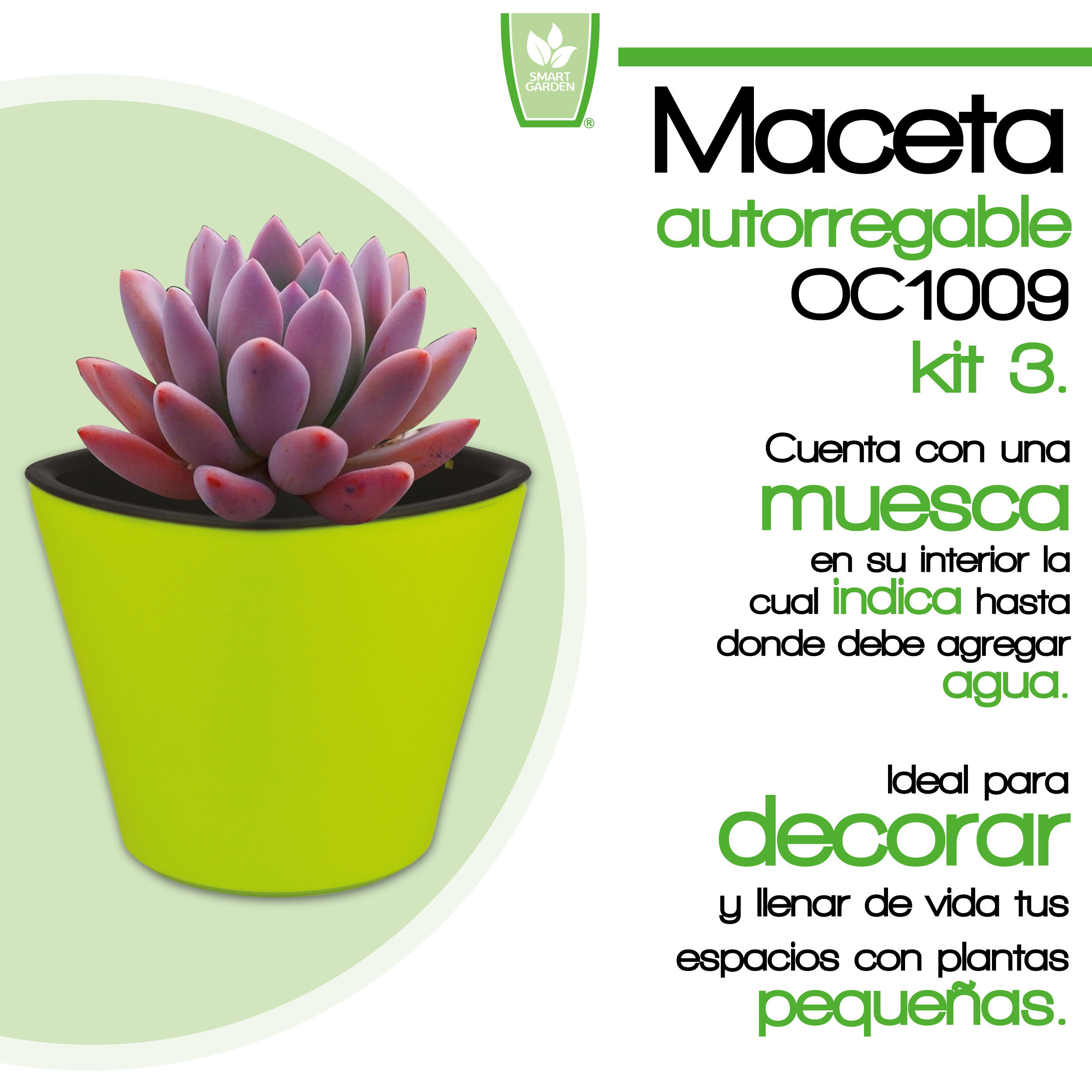 Foto 3 pulgar | Kit de 3 pz de Maceta Autorregable Oc1009 Decorativa Ovalada Smart Garden color Verde