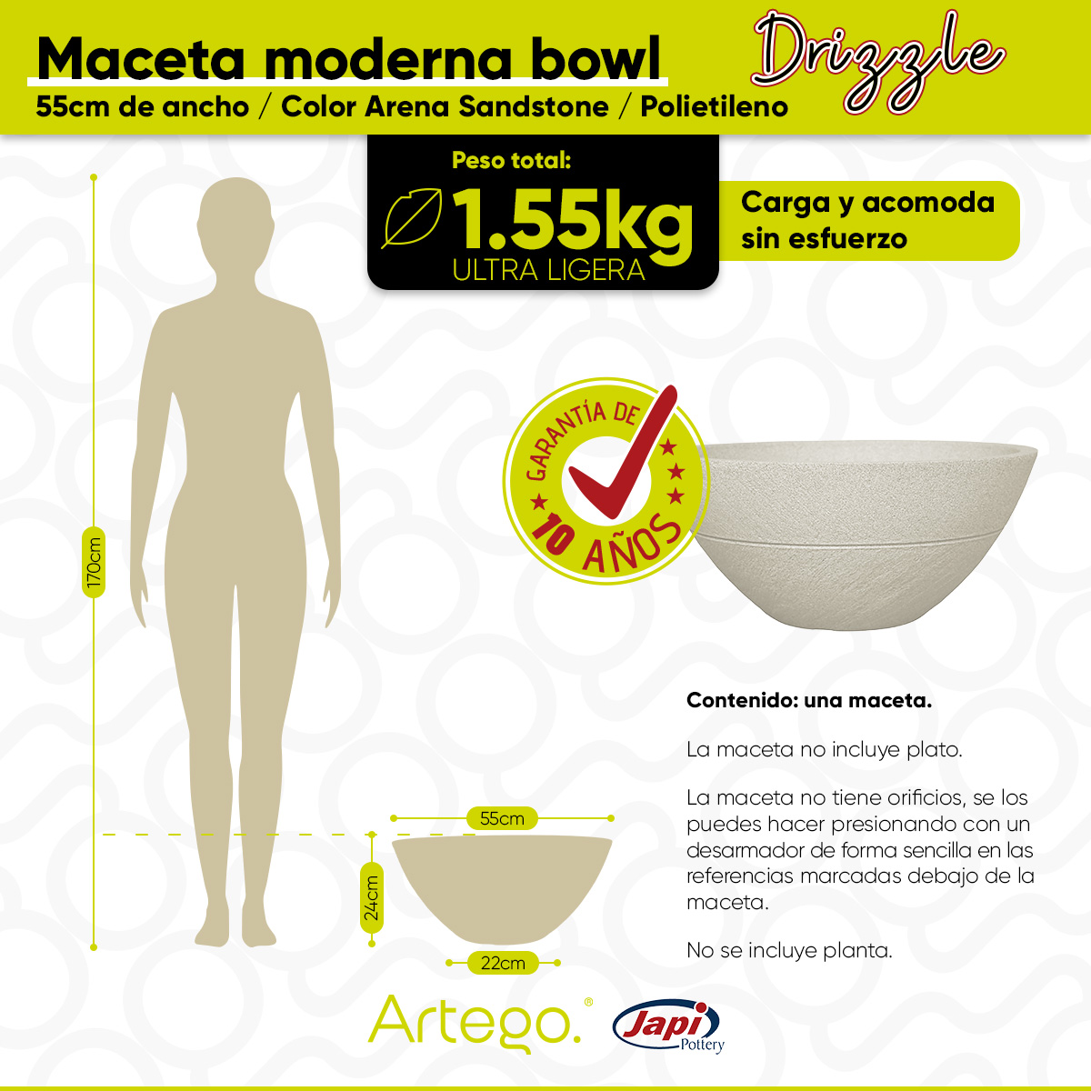 Foto 3 pulgar | Maceta Artego Japi Beige para Exteriores Bowl de 55 cm de Ancho Drizzle de Polietileno Ultra Ligera