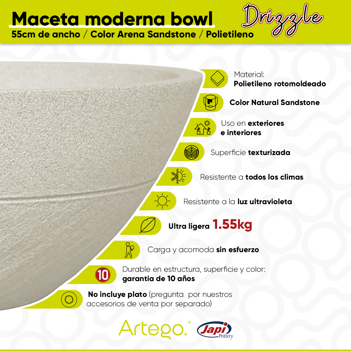 Foto 4 pulgar | Maceta Artego Japi Beige para Exteriores Bowl de 55 cm de Ancho Drizzle de Polietileno Ultra Ligera