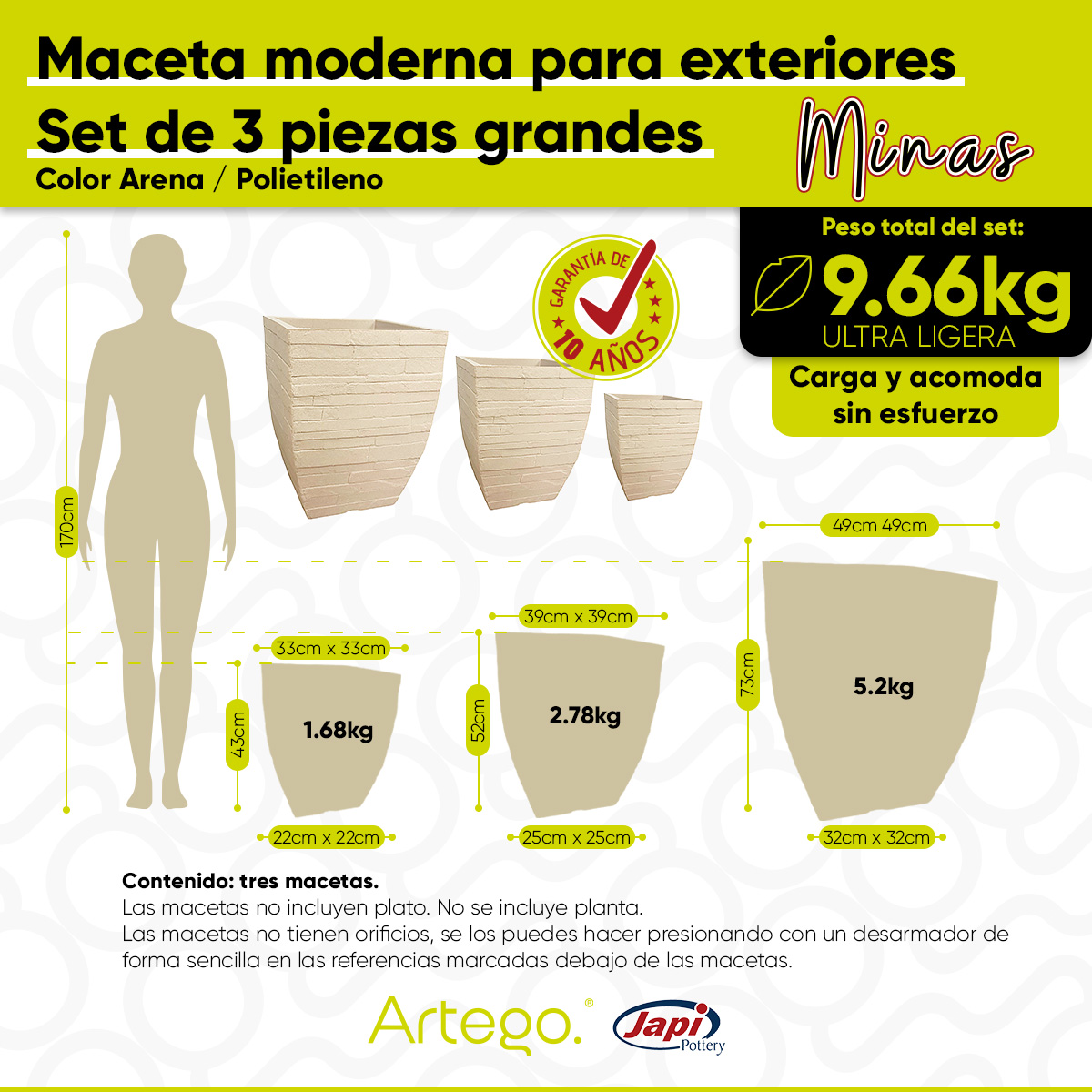 Foto 3 pulgar | Set de 3 Macetas Artego Beige 73-52-43 cm para Exteriores