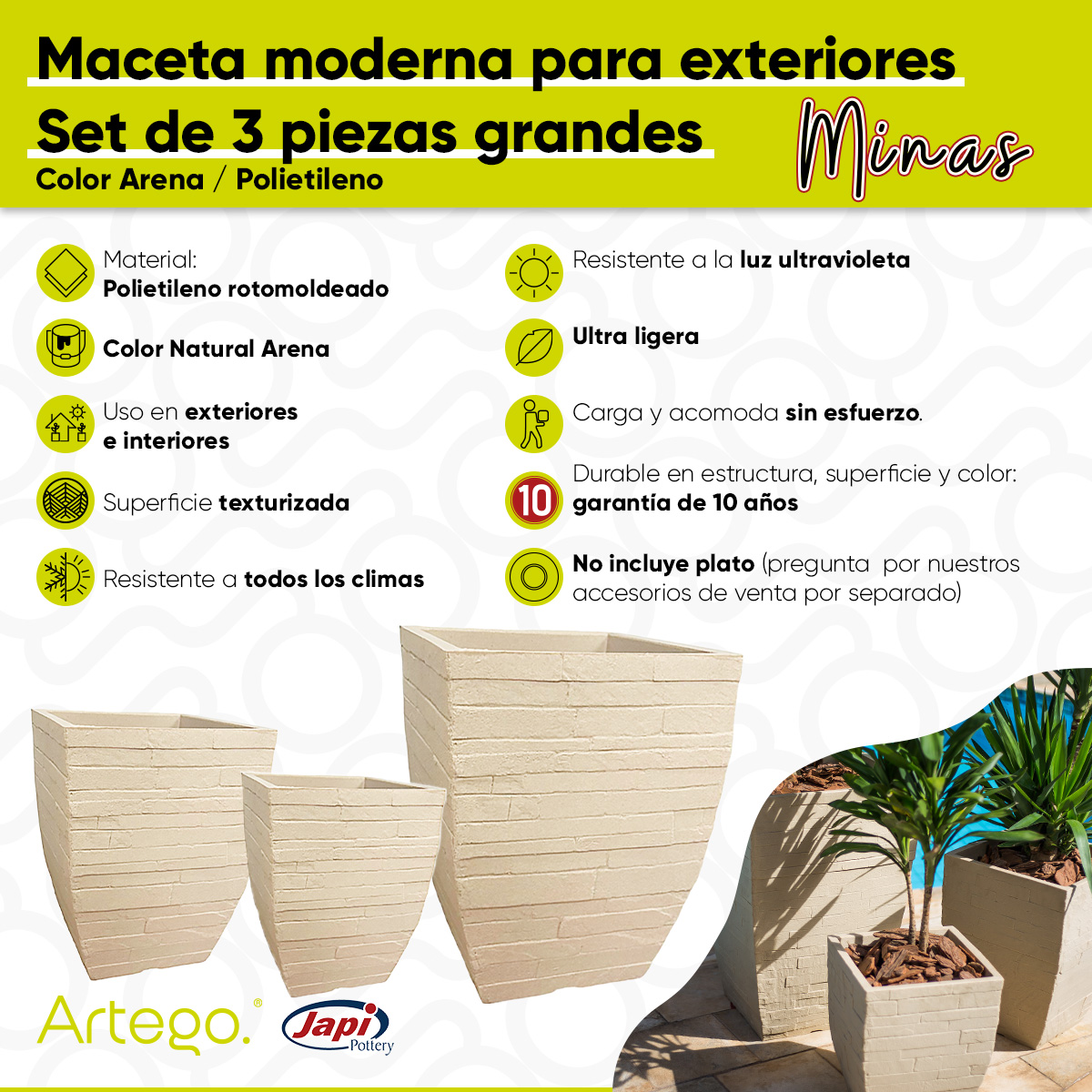 Foto 4 pulgar | Set de 3 Macetas Artego Beige 73-52-43 cm para Exteriores