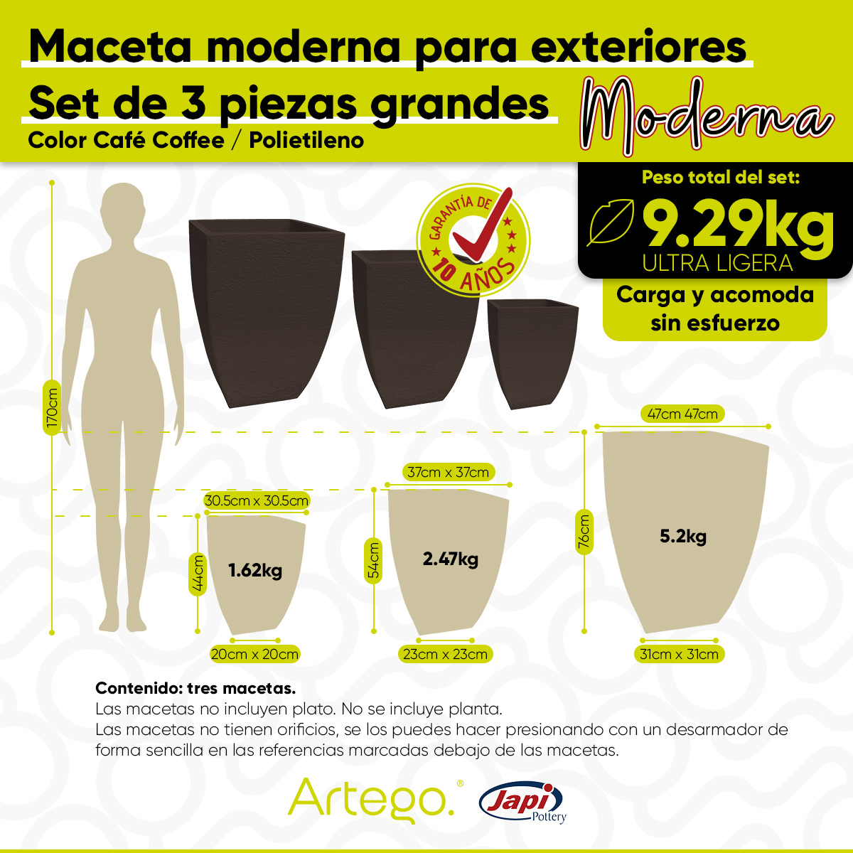 Foto 3 pulgar | Set de 3 Macetas Artego Marrón 76-54-44 cm para Exteriores