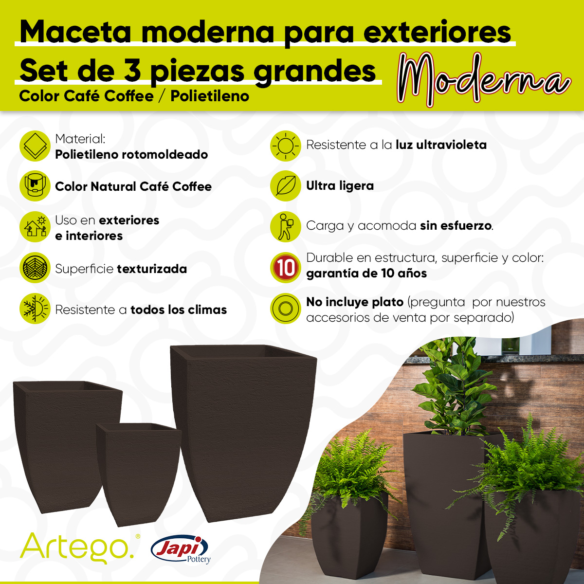 Foto 4 pulgar | Set de 3 Macetas Artego Marrón 76-54-44 cm para Exteriores