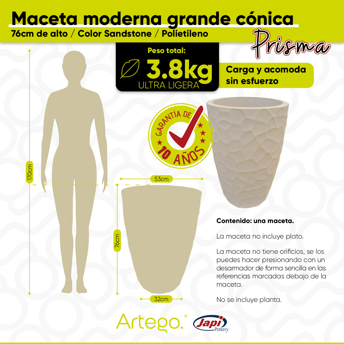 Foto 3 pulgar | Maceta Artego Japi Beige para Exteriores Cónica Grande 76 cm de Alto Prisma de Polietileno Ultra Ligera
