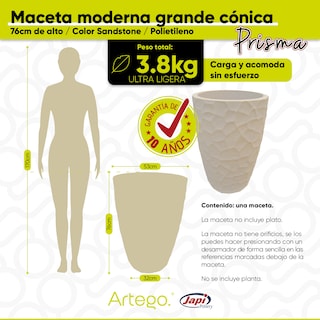 Foto 2 | Maceta Artego Japi Beige para Exteriores Cónica Grande 76 cm de Alto Prisma de Polietileno Ultra Ligera
