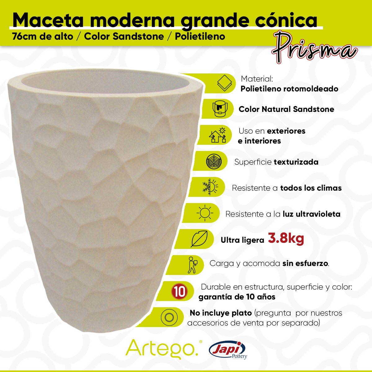 Foto 4 pulgar | Maceta Artego Japi Beige para Exteriores Cónica Grande 76 cm de Alto Prisma de Polietileno Ultra Ligera