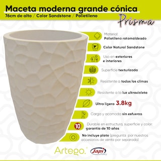 Foto 3 | Maceta Artego Japi Beige para Exteriores Cónica Grande 76 cm de Alto Prisma de Polietileno Ultra Ligera