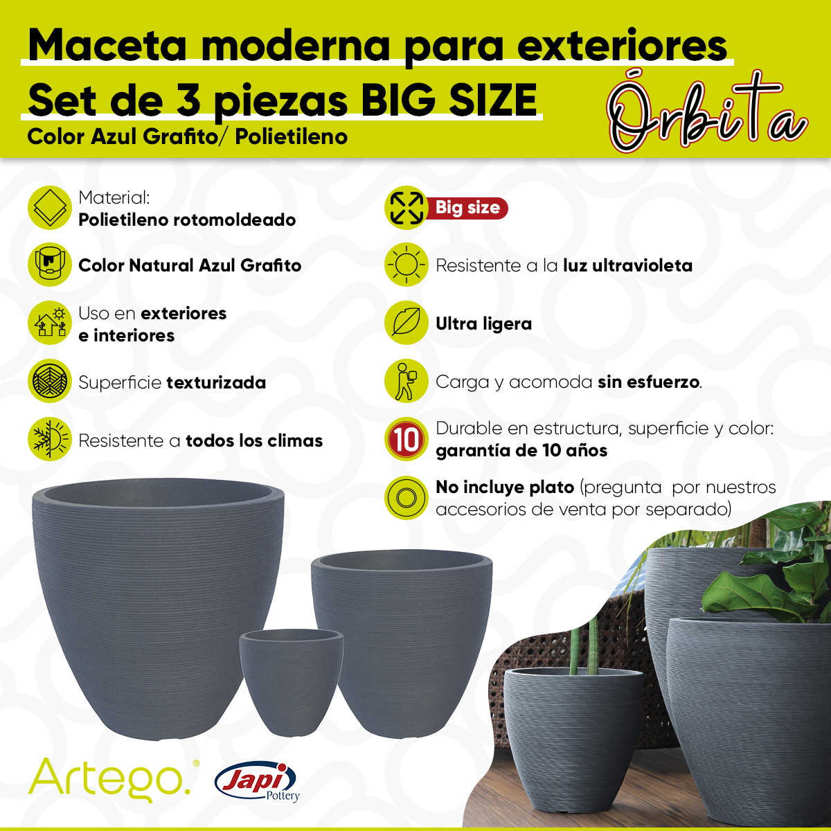 Foto 4 pulgar | Macetas Modernas Set De 3 Piezas Big Size Para Exteriores Grande Orbita De Polipropileno Ultra Ligera Artego Japi