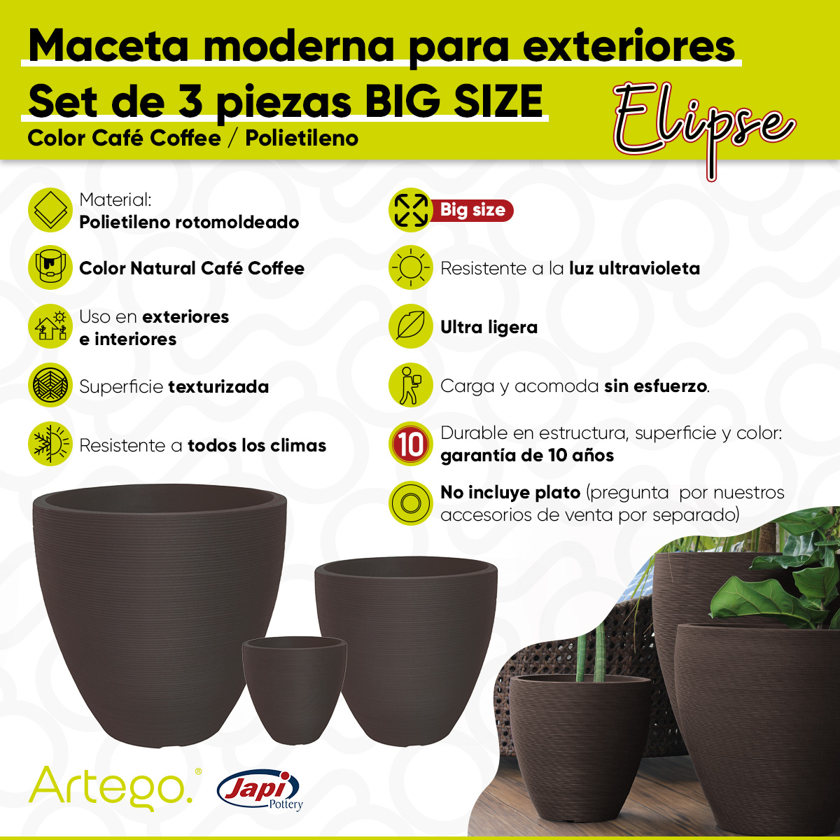 Foto 4 pulgar | Macetas Modernas Set De 3 Piezas Big Size Para Exteriores Grande Elipse De Polipropileno Ultra Ligera Artego Japi