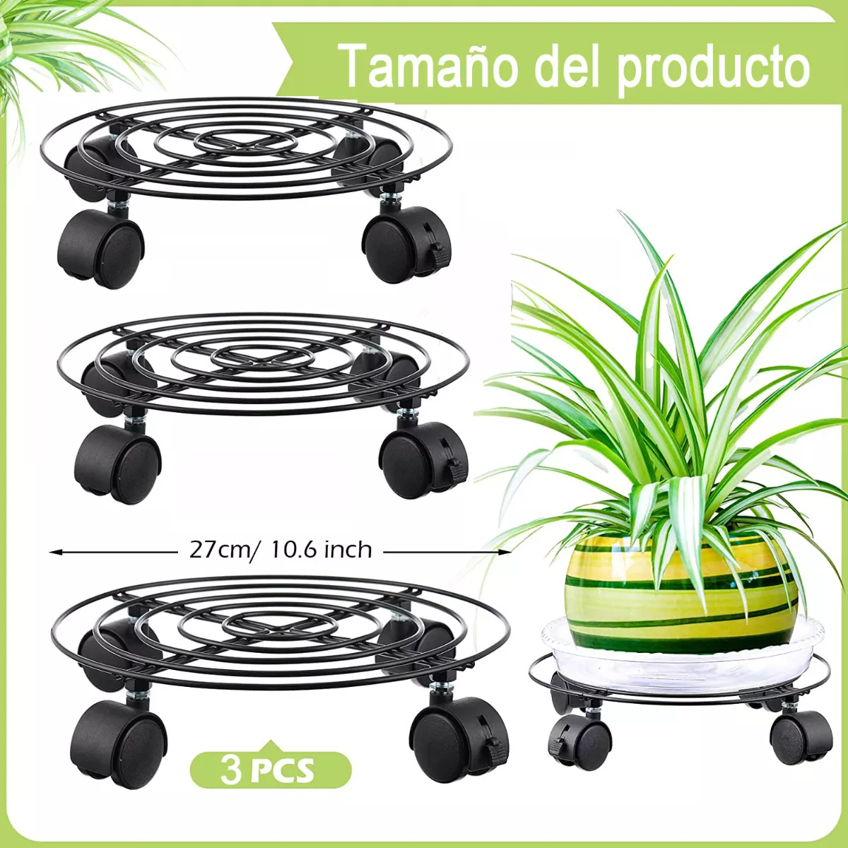 Foto 3 pulgar | Base De Maceta De Metal Con Ruedas, 3 Uds. Eo Safe Imports Esi-16356  Negro