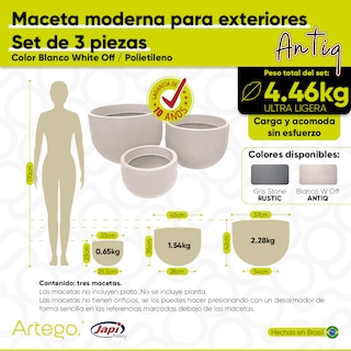 Foto 3 | Macetas Modernas Artego Blancas 3 Piezas