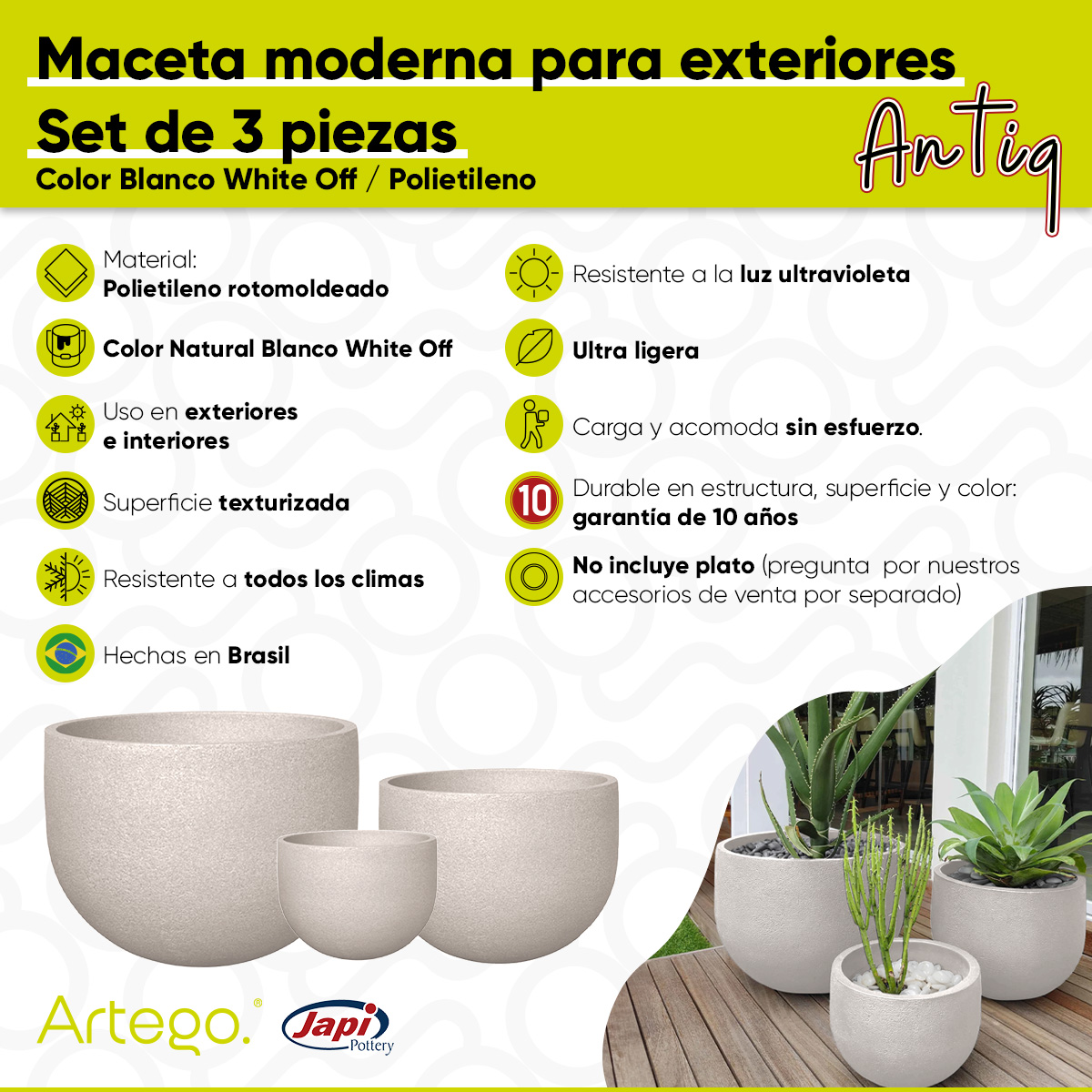 Foto 4 | Macetas Modernas Artego Blancas 3 Piezas